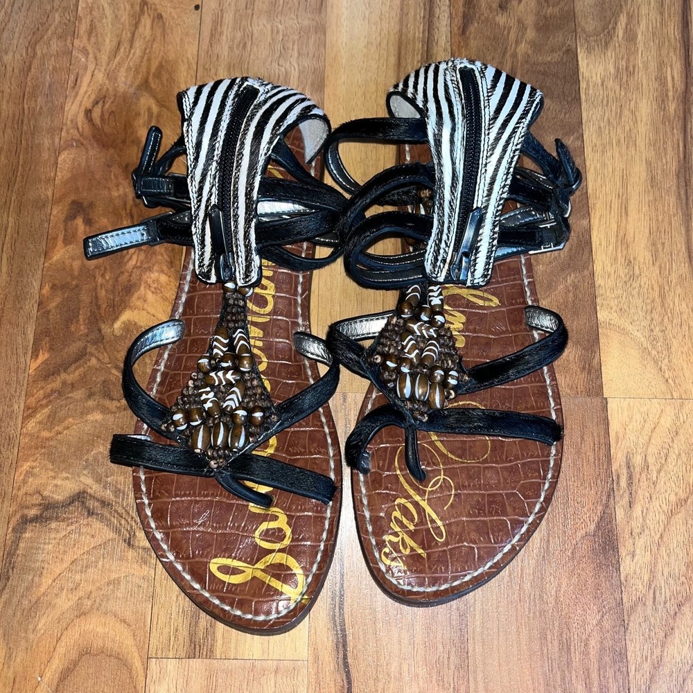 Sam Edelman Boho Beaded Zebra Animal Hair Leather Sole Sandals Women's 7.5M